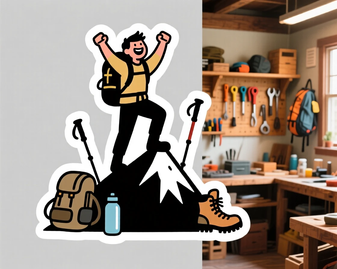 A beaming with excitement hiker standing atop a mountain summit, surrounded by their favorite gear, at a cozy neighborhood workshop.