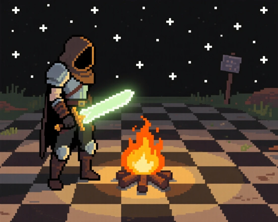 A rogue with a glowing dagger leveling up beside a campfire under starlight, on a checkerboard battlefield of tiles.