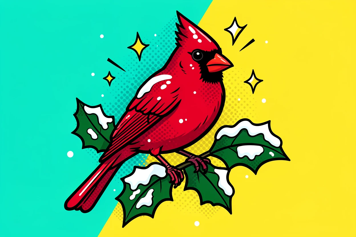 A snow-dusted cardinal perched on a holly branch