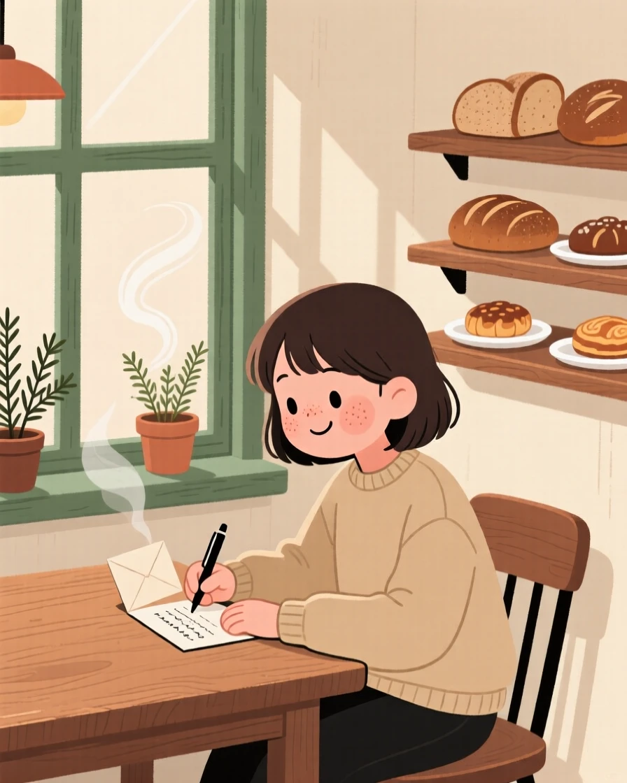 A young writer sits by the window of a small family bakery, writing postcards as the smell of baking bread fills the air.