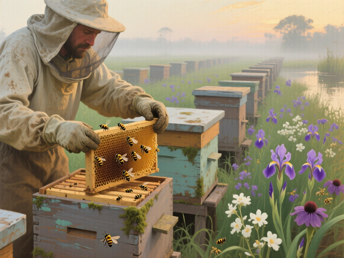 An intimate close-up of a beekeeper tending rows of wooden hives in a flowering meadow, in the Louisiana bayou, in thick fog.