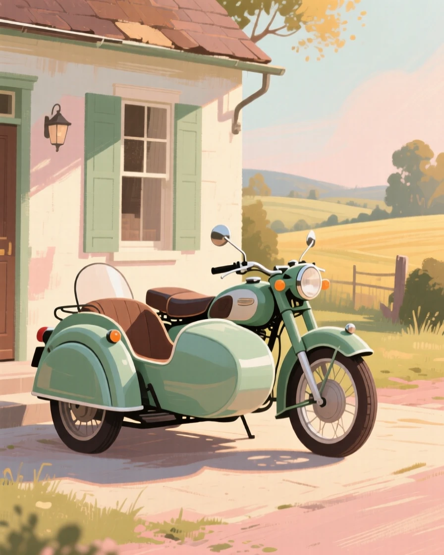 An antique motorcycle with a sidecar parked outside a country inn