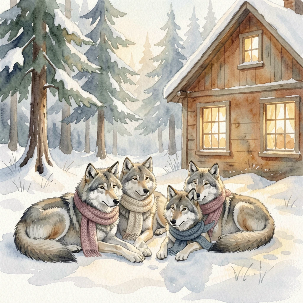 A wolf pack in a snowy forest in a warm farmhouse setting wearing a cozy knitted scarf.