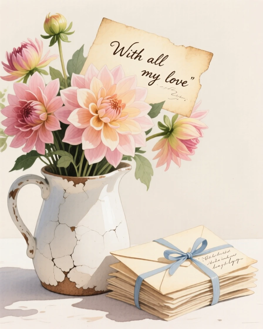 A bouquet of dahlias in soft, layered tones fills a chipped ceramic pitcher beside a stack of handwritten letters, petals catching the gentle light
