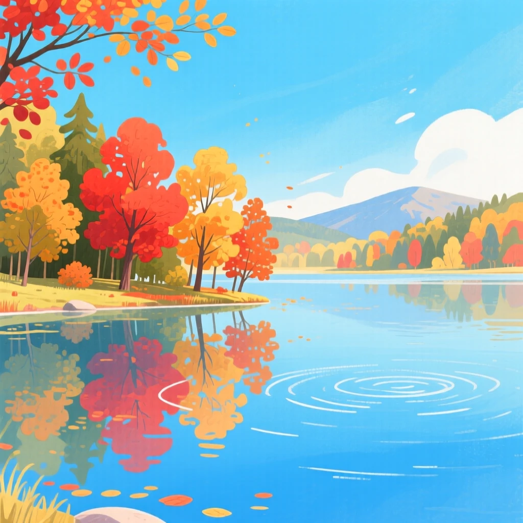 A panoramic scene of a quiet lake reflecting autumn foliage in the height of summer.