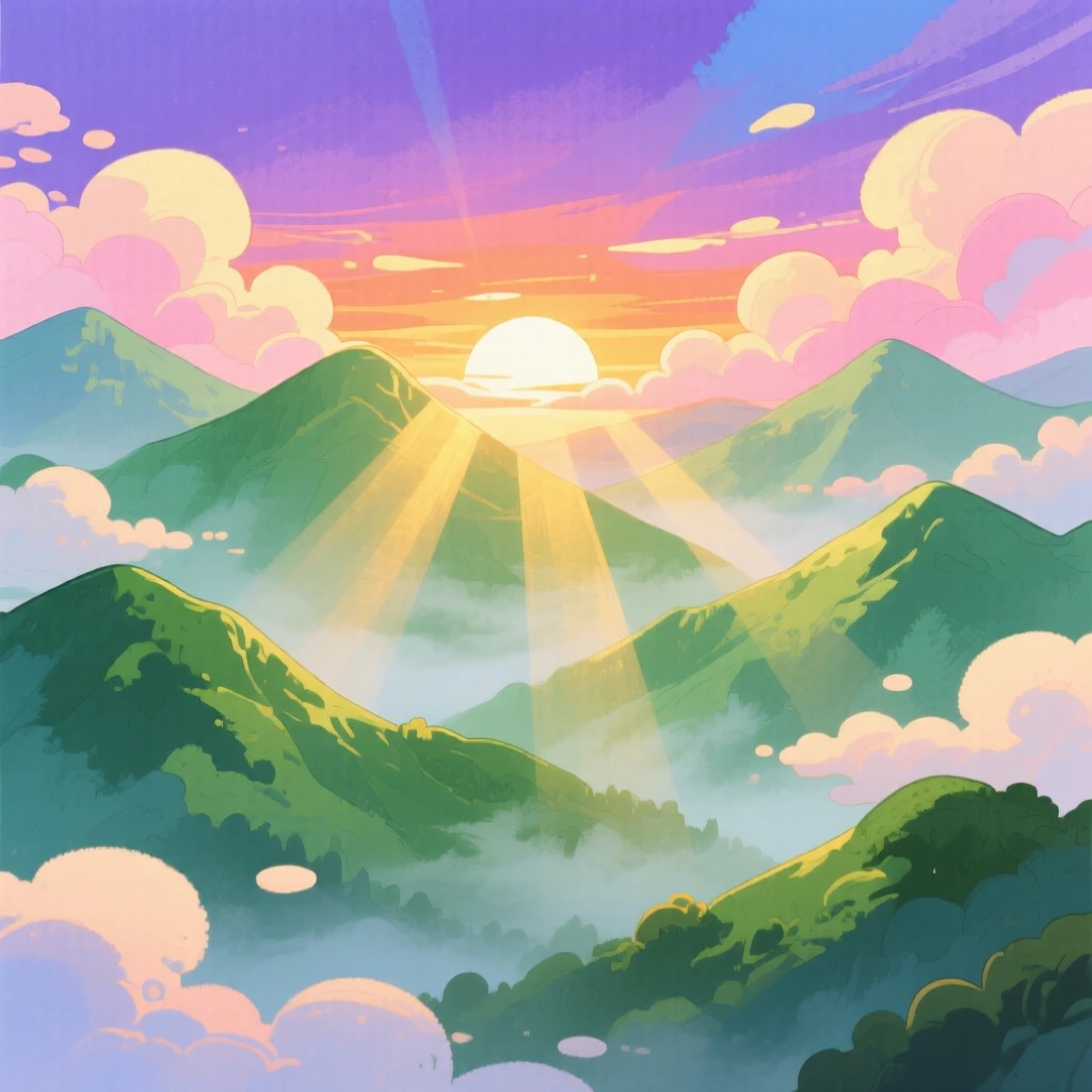 A dramatic sunrise over misty green mountains, with golden light breaking through scattered clouds, radiating natural splendor and tranquility.