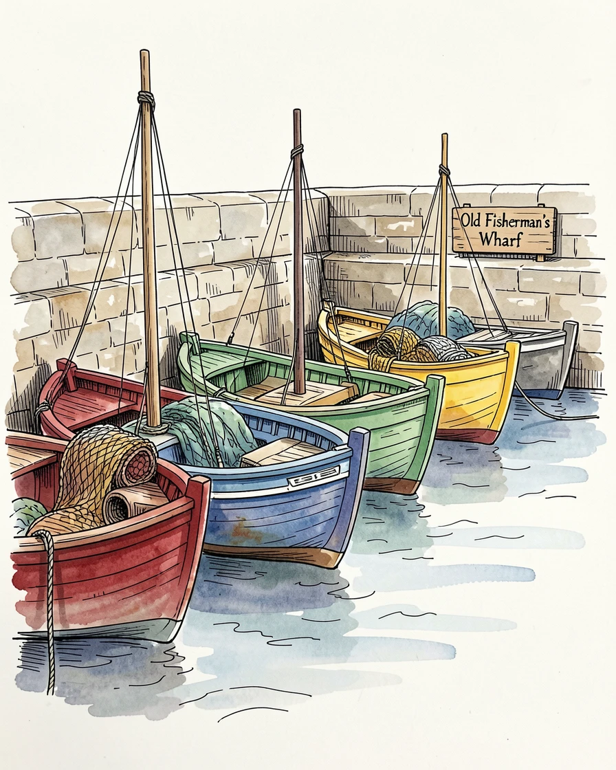 A row of colorful fishing boats moored along a quiet harbor wall, a sense of timeless charm filling the scene.