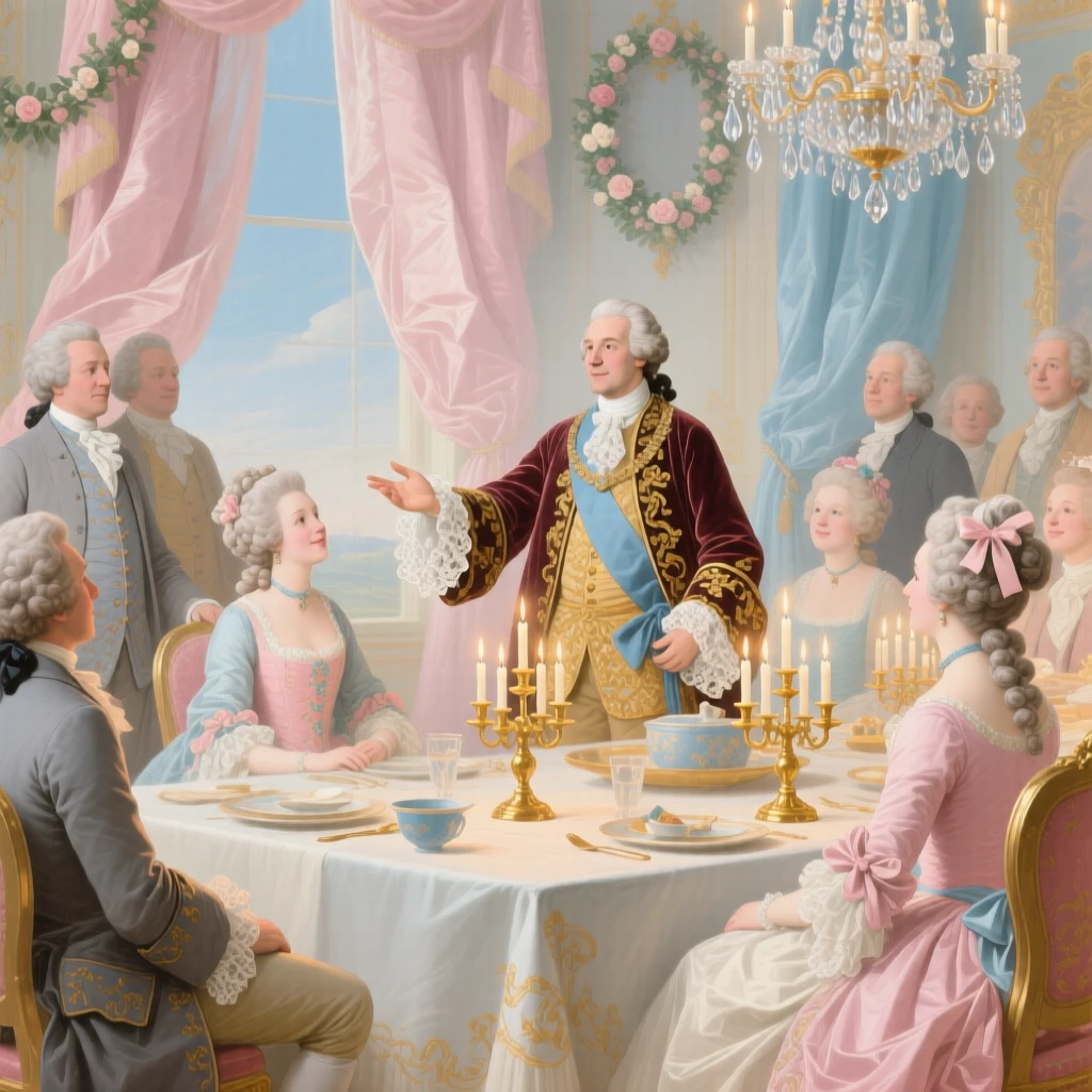 A king addressing guests at a candlelit banquet  