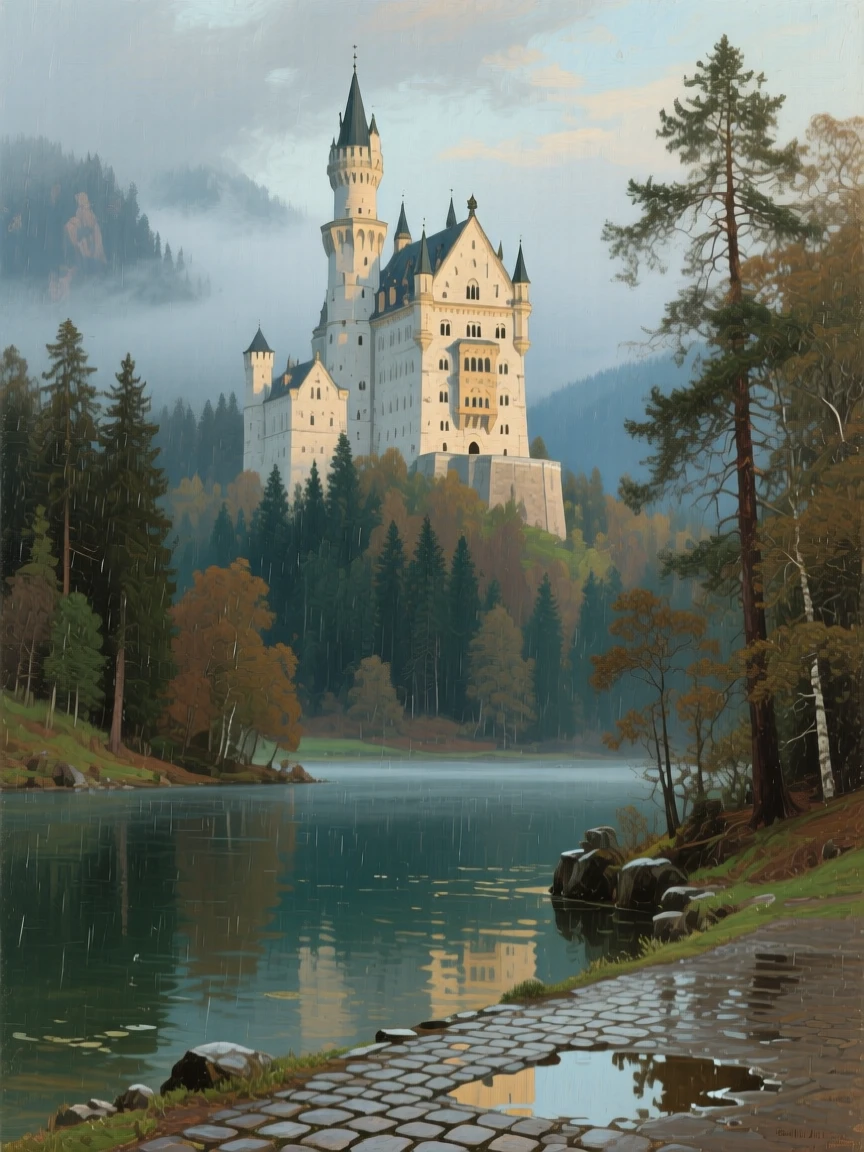 The dramatic castle of Neuschwanstein rising from a misty Bavarian forest, as reflections shimmer across nearby water or wet pavement, radiating the unique charm and grandeur of world architecture