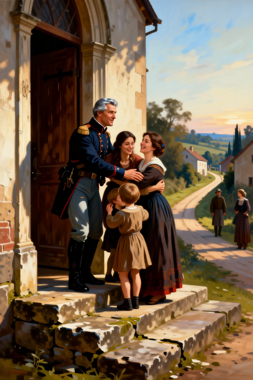 A soldier returning home to find his family waiting at the door as the weight of years finally lifts, set on the worn steps of a village church, with distant figures watching quietly from a respectful distance; converging paths in the background lead directly to the embracing pair, radiating hope restored after long hardship.