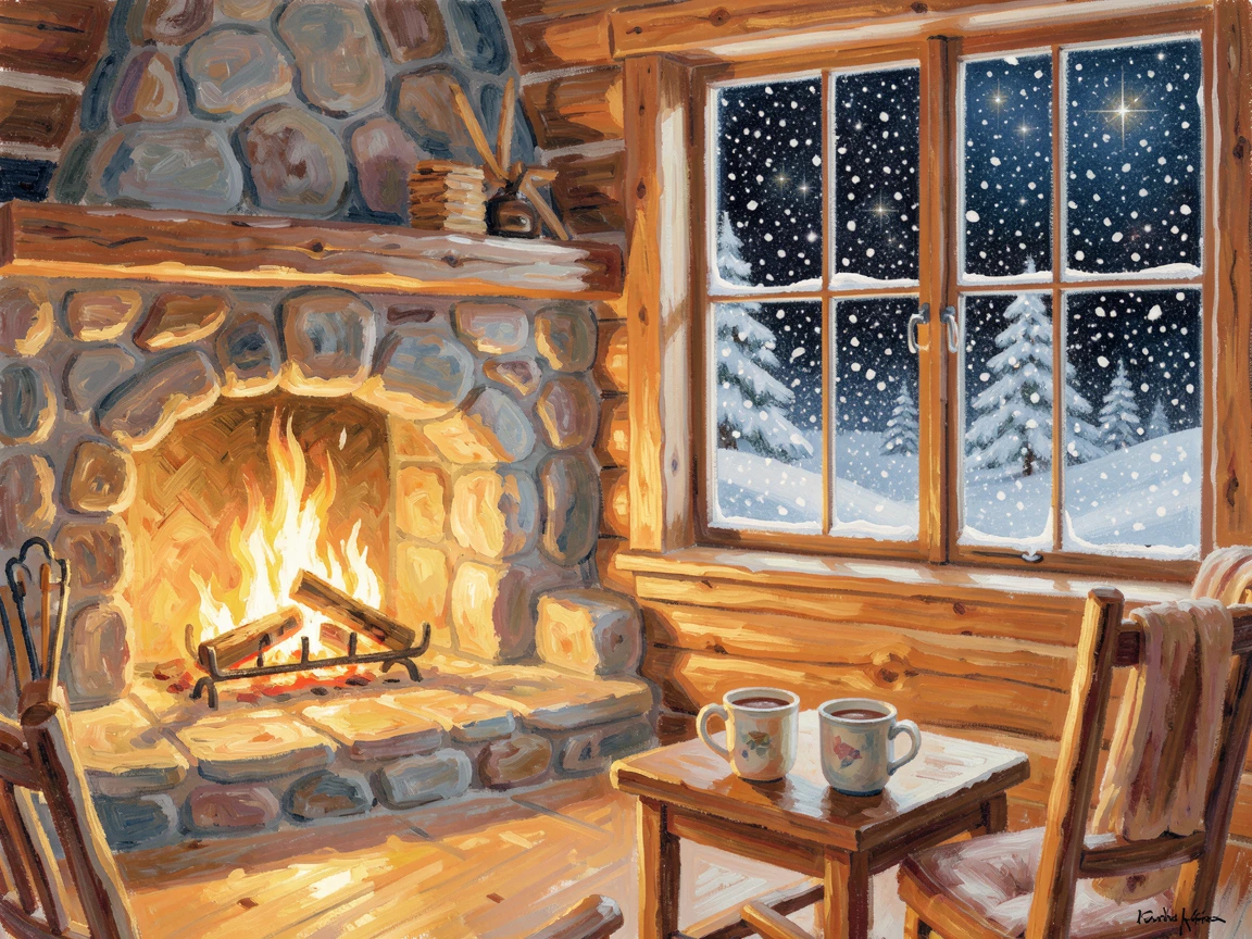 A cozy ski lodge with a roaring fire, mugs of hot cocoa, and snow falling steadily outside the window, under a canopy of stars, inspiring awe at the beauty of the scene.