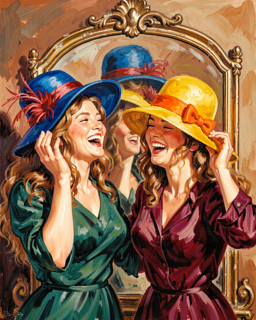 Two sisters trying on hats together in front of an old mirror, dissolving into laughter.