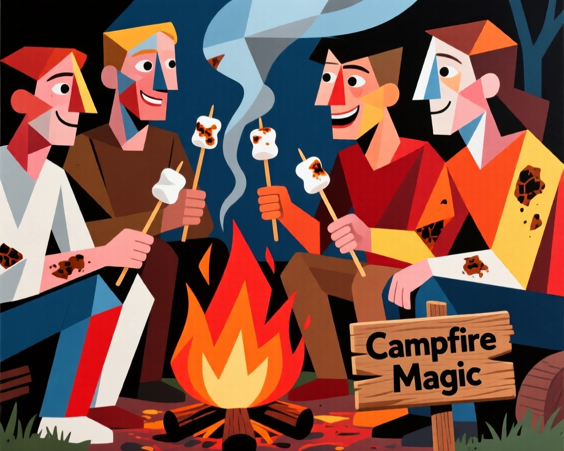 A group of friends toasting marshmallow skewers over a crackling campfire.