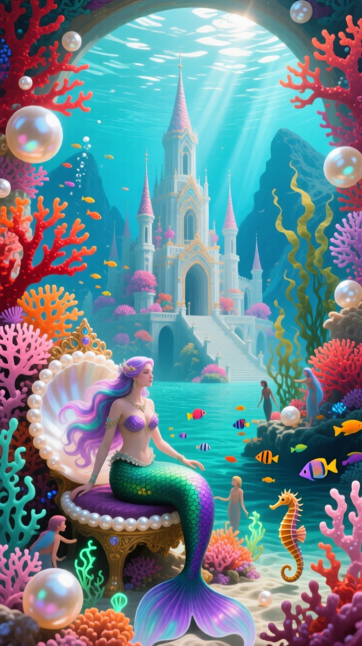 An underwater palace built from coral and pearl houses a merfolk kingdom, sunlight filtering down through the clear water above its spires, the composition balancing epic scale with small, intimate storytelling details.