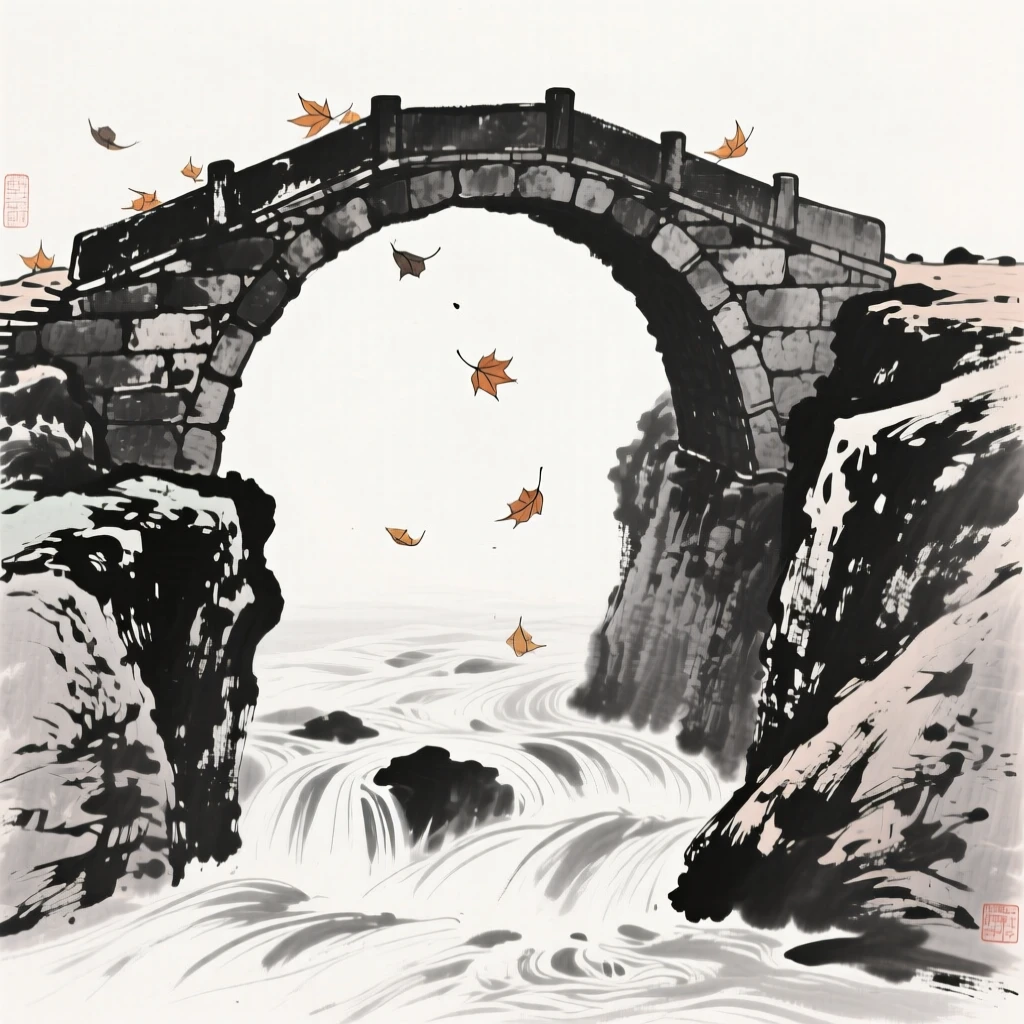 An arched stone bridge spans a narrow gorge above a rushing stream, as autumn leaves drift down onto its worn stones.