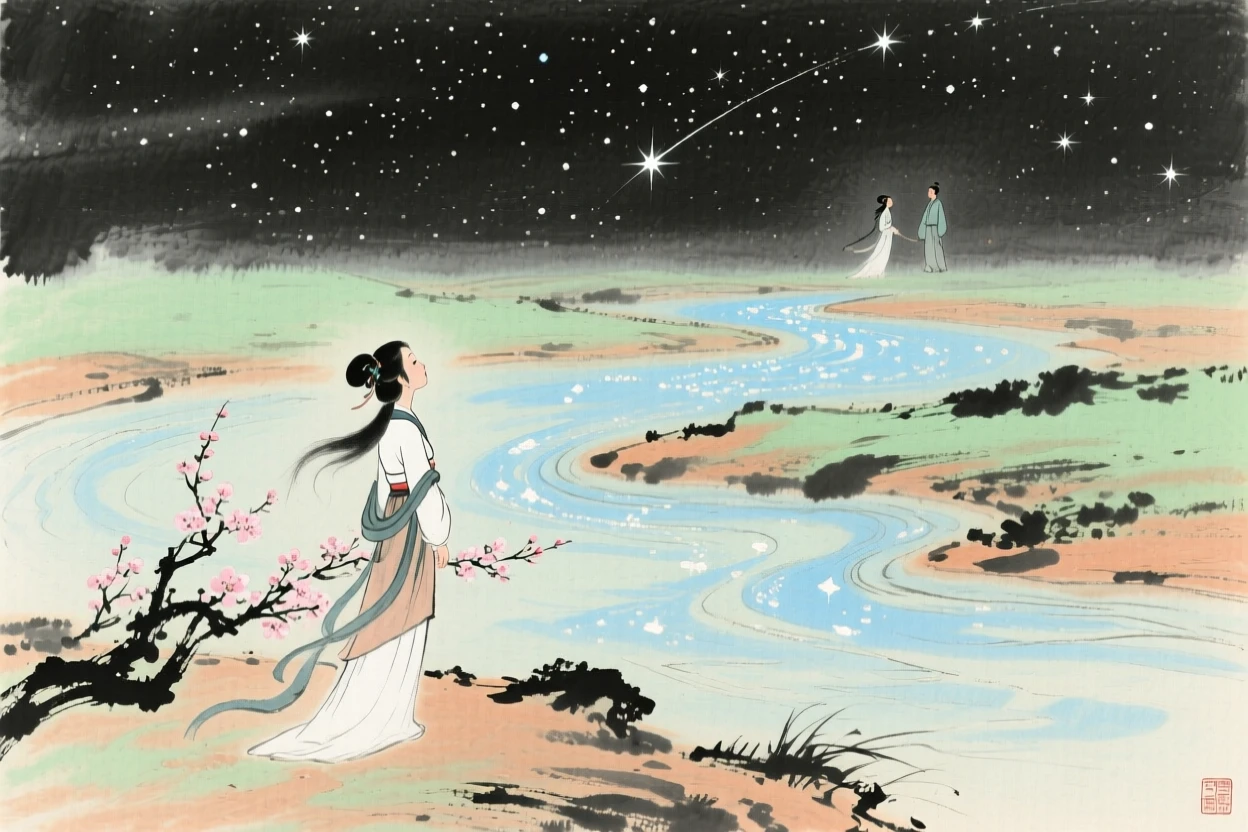 The weaver girl gazing across a river of stars toward her distant love, in a warm breeze carrying the scent of blossoms, brimming with peaceful contentment.