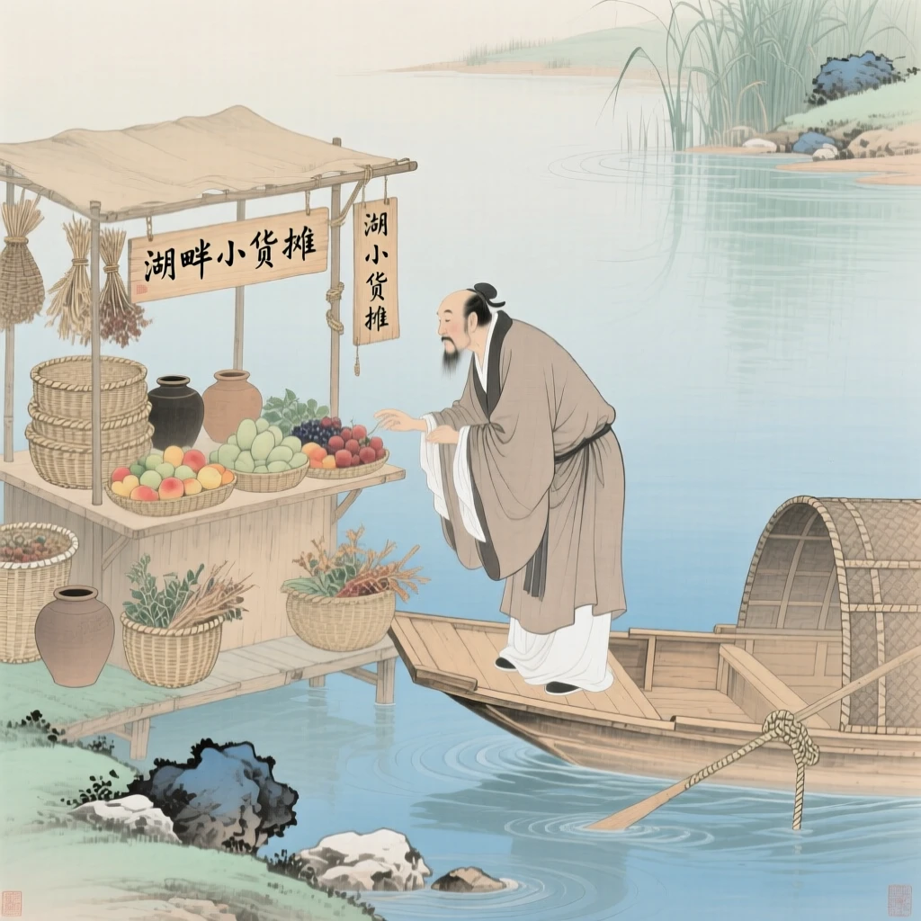 A ferryman tending to a small stall of goods at the edge of a quiet lake