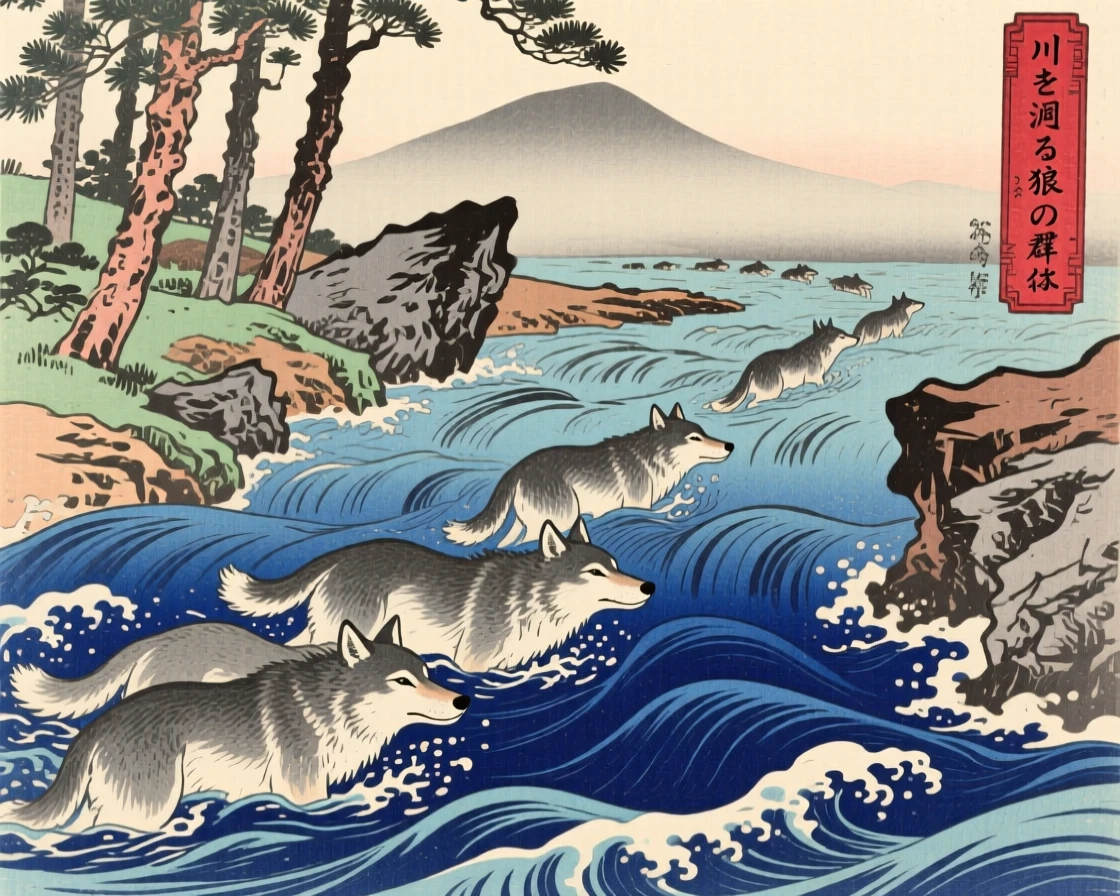 A pack of wolves swimming upstream through a rushing river.