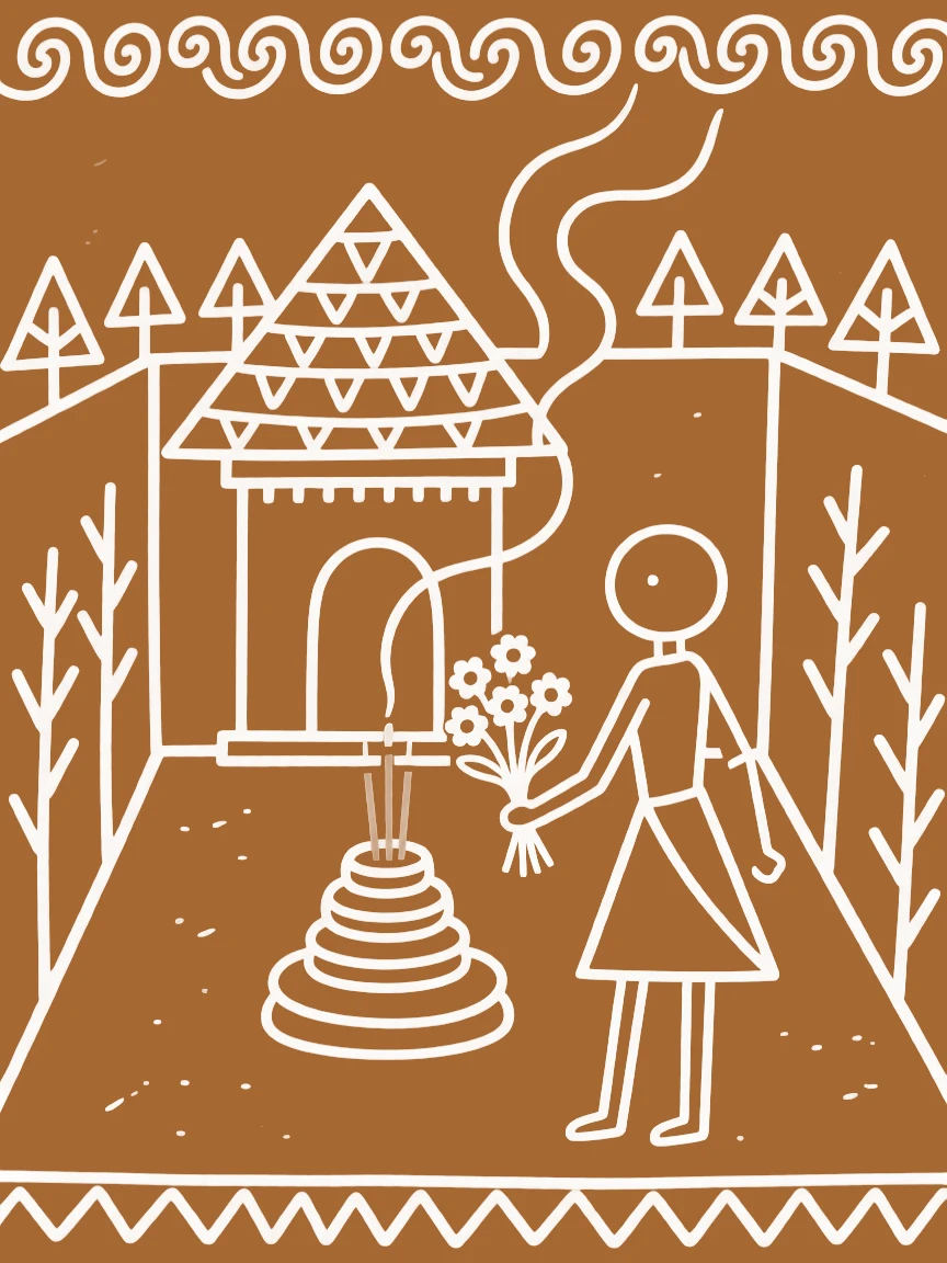 A woman offering flowers at a small shrine in a courtyard filled with the scent of incense.