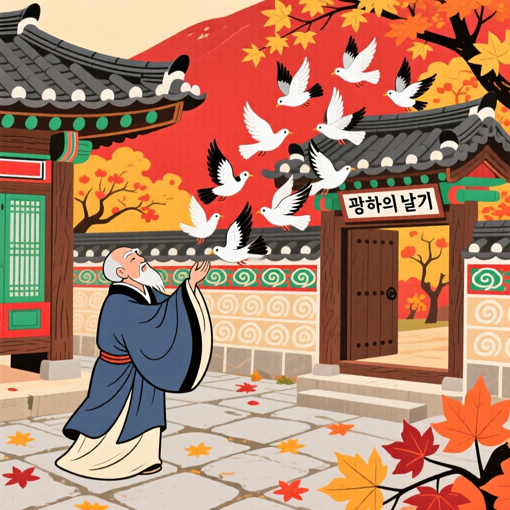 A mountain hermit releasing a flock of doves from a temple courtyard, in the deep colors of autumn.