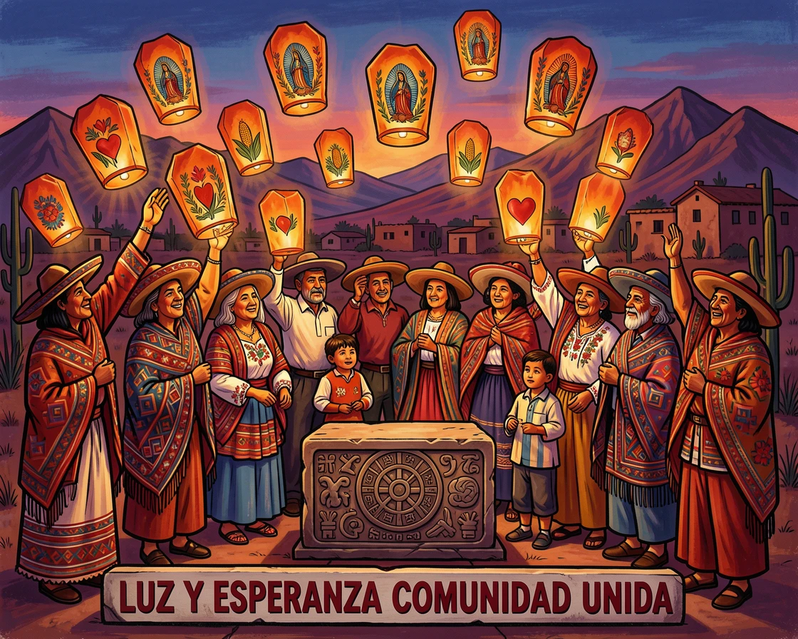 A group of worshippers releasing floating lanterns at dusk