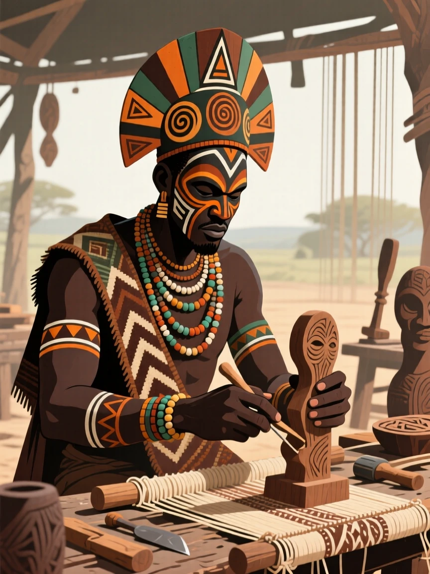 A tribal chief working diligently in an open-air workshop.