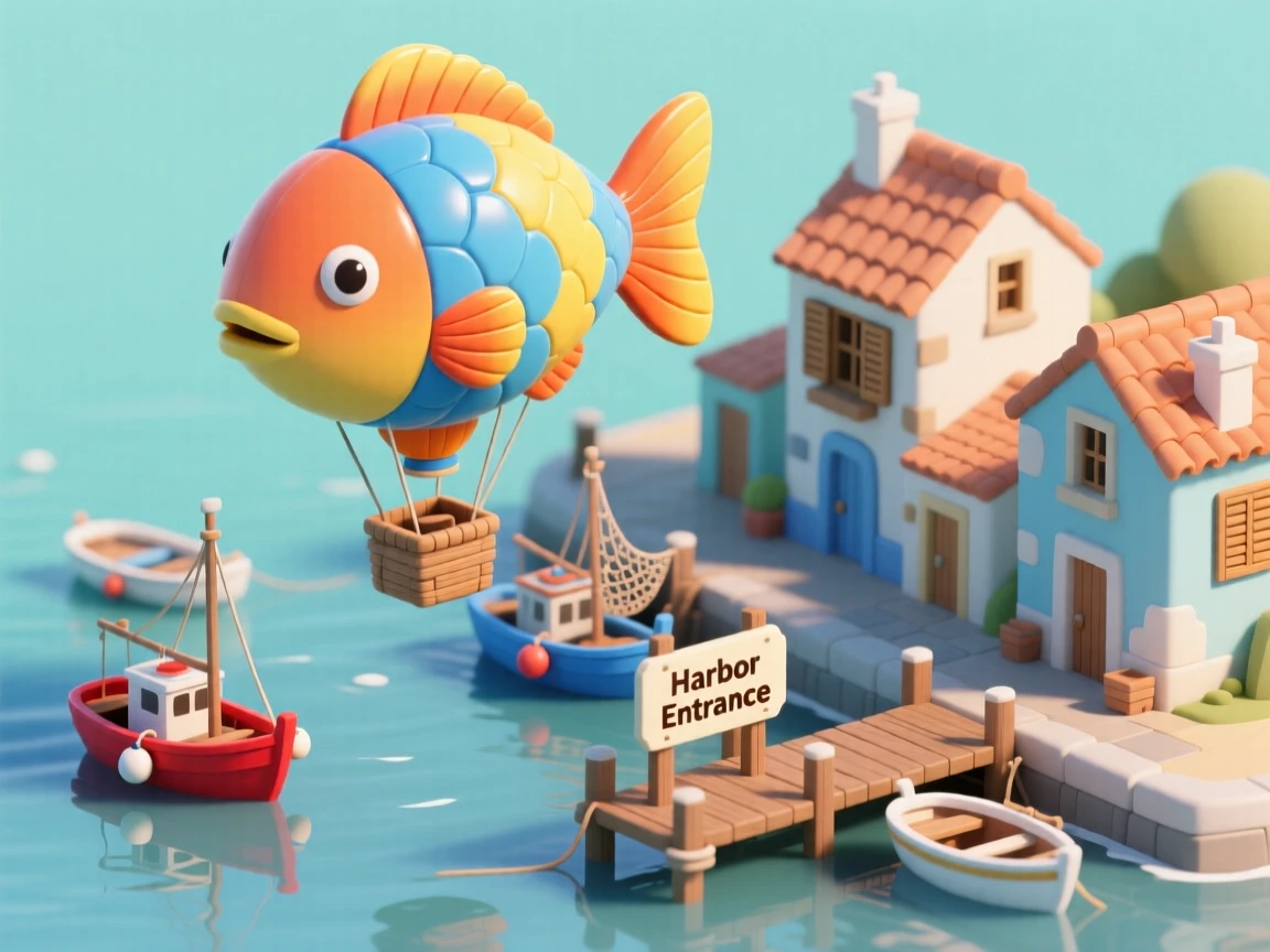 A colorful hot air balloon shaped like a fish drifting over a coastal fishing village, boats bobbing gently in the harbor below.