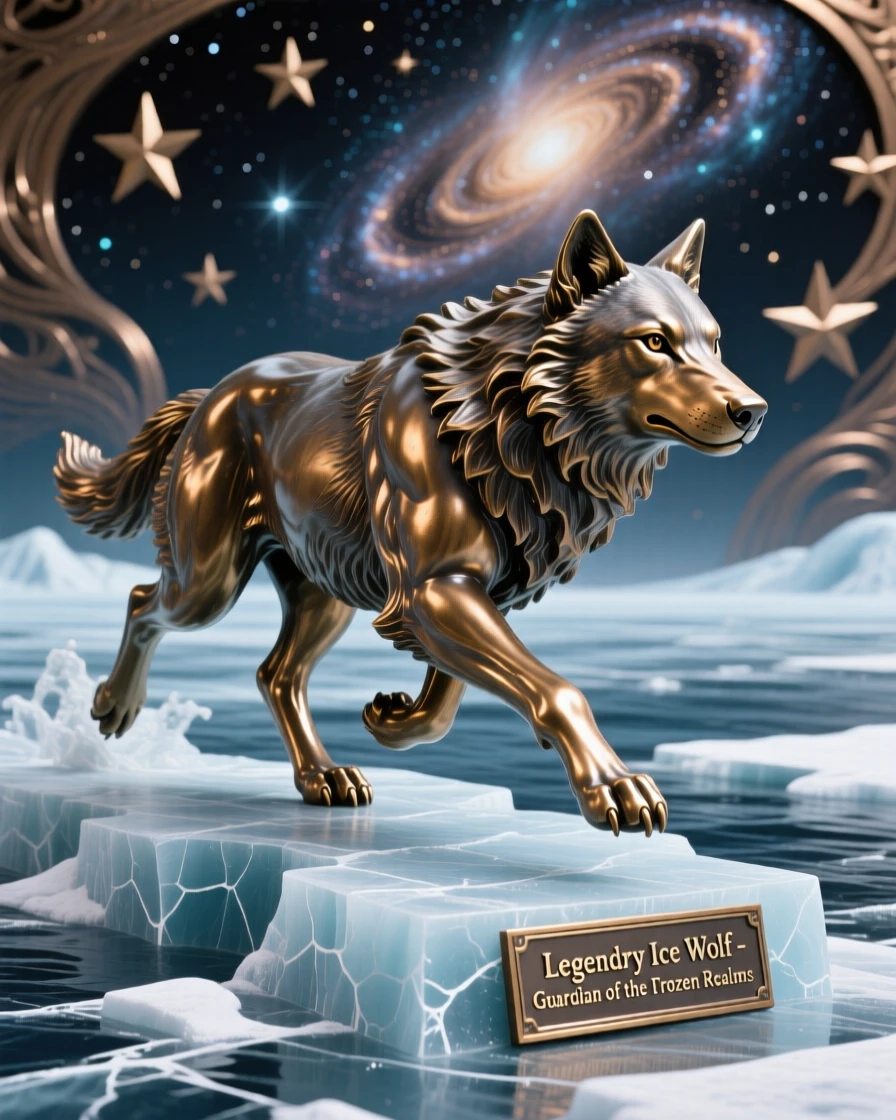 A legendary ice wolf running across a frozen sea, set against a vast celestial backdrop, radiating awe and grandeur