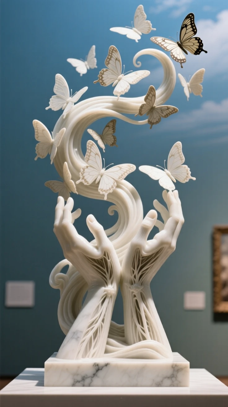 A striking, imaginative composition featuring hands releasing a swirl of butterflies into the sky, blending realism with dreamlike wonder