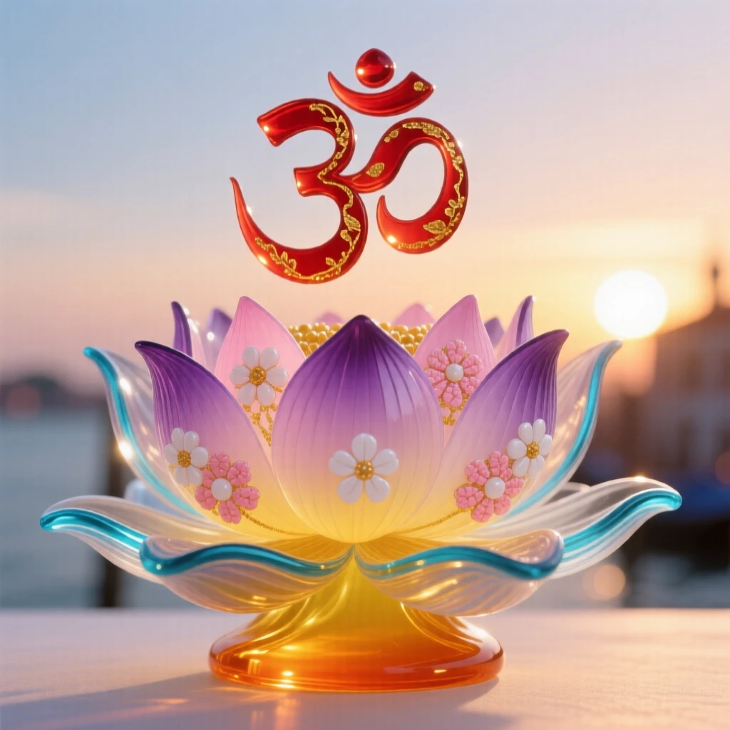 An Om symbol glowing gently above a lotus flower at sunrise, spiritual and serene.