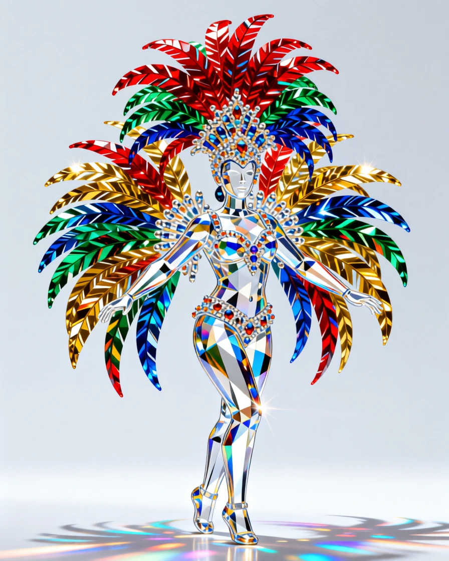 A Rio Carnival samba dancer in a dazzling feathered headdress under stage lights.