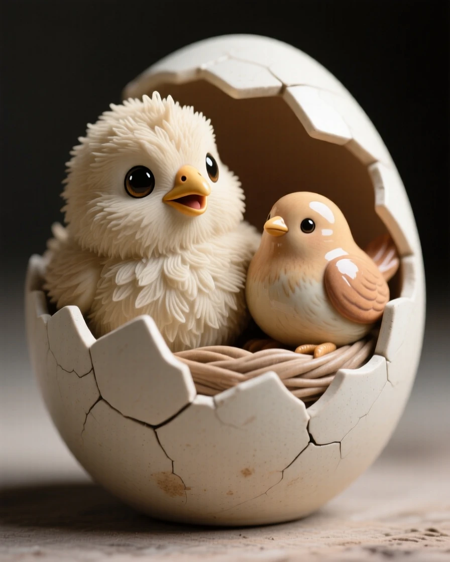 A fluffy baby chick peeking from a cracked egg nestled cozily against a warm companion, with big round eyes full of innocent wonder, radiating adorable, joyful innocence.