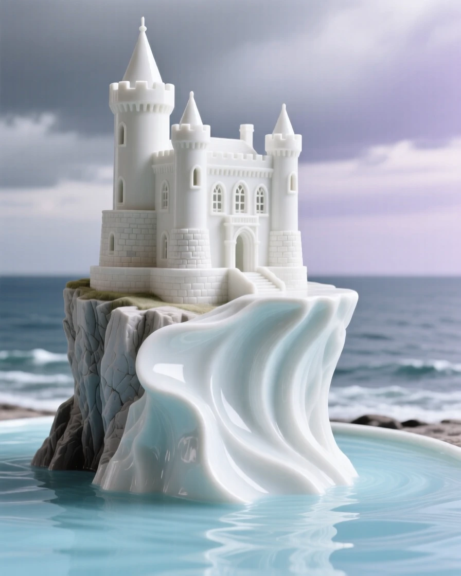 A moated castle perched on a dramatic sea cliff, framed by a dramatic sky.