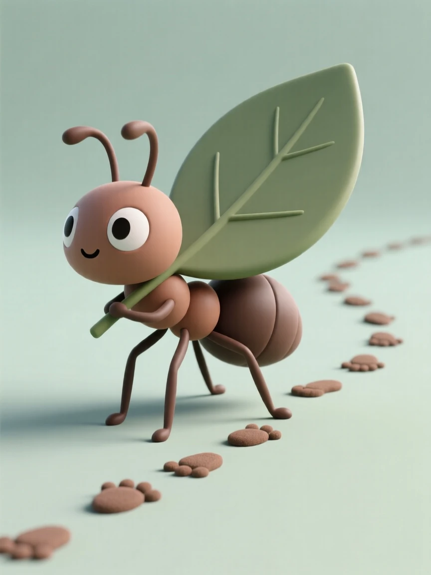 A busy ant carries a leaf twice its size across a winding trail of tiny forest footprints.