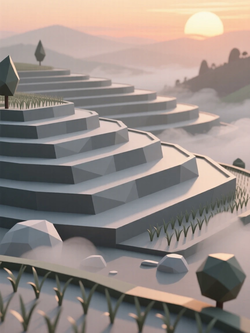 A tranquil rice terrace glowing at sunset, with mist rolling gently across the ground. fine atmospheric haze adds depth to the distance. A gentle warmth radiates through the scene.