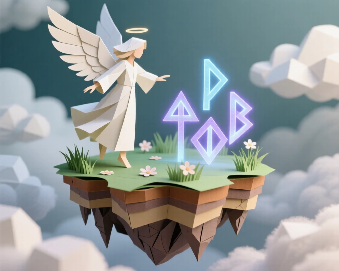 A winged messenger angel exploring a floating island in the clouds, with ancient runes glowing faintly nearby, conveying magic and quiet awe.