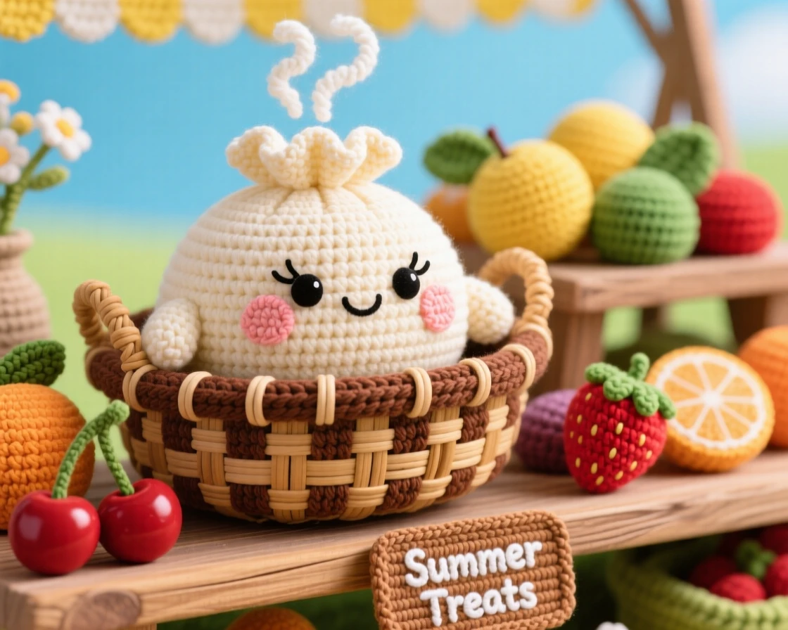 a plump little dumpling character, with a pleated top and rosy cheeks, steaming gently in a bamboo basket, displayed in a bright summer fruit stand, with a small vase of wildflowers on the table, radiating a cozy sense of shared treats.