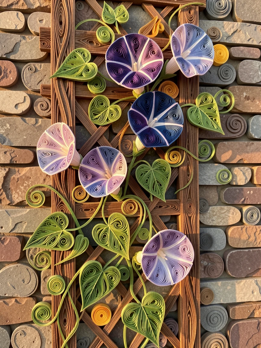 A serene botanical study of a climbing vine of morning glories on a trellis beside a weathered stone garden wall, with soft golden hour light washing over the scene, captured in a close-up macro composition.