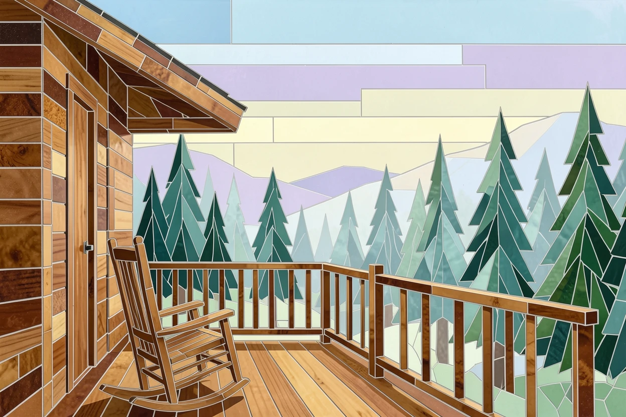 A quiet mountain cabin porch with a view of misty pine forests.