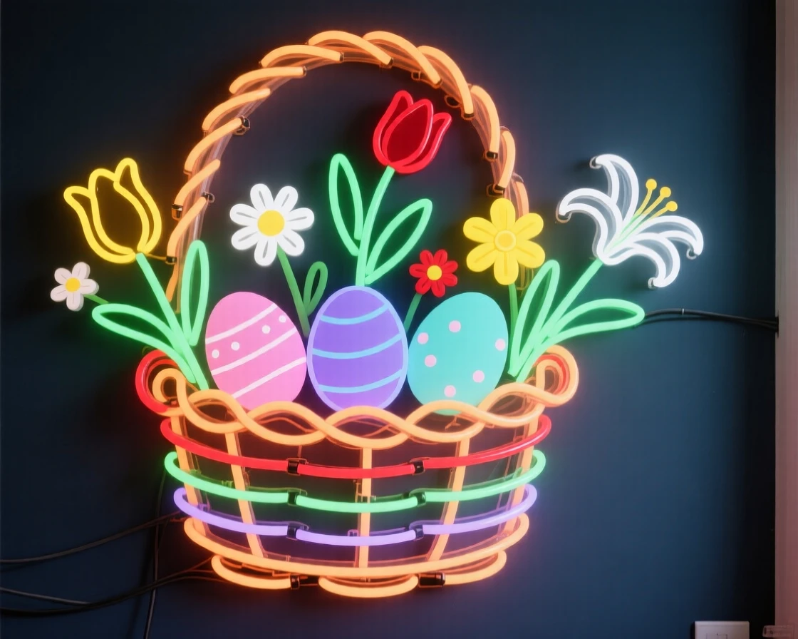 An Easter basket filled with painted eggs and spring flowers.