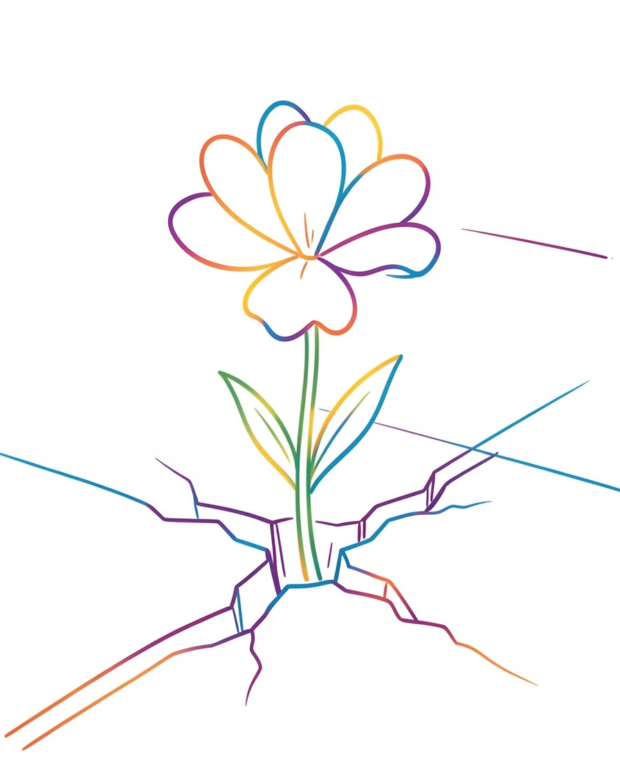 A single flower blooming through a crack in a concrete sidewalk.