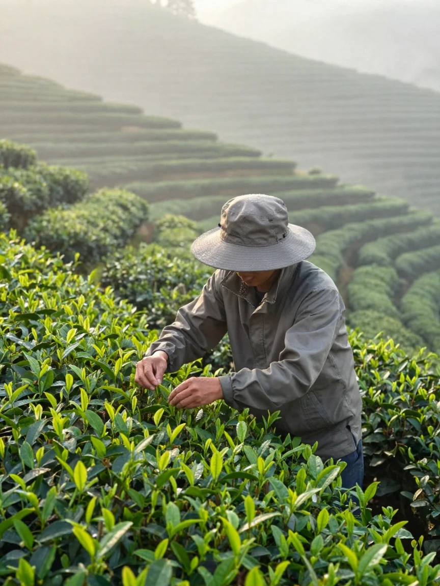 A tea picker gathering leaves on a misty hillside plantation