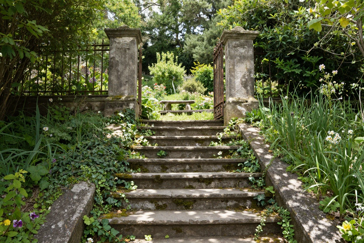 An overgrown stone staircase leads up to a forgotten hilltop garden.