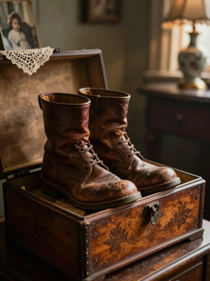 A pair of worn leather boots tucked inside a grandmother's keepsake box, quietly telling its own small story