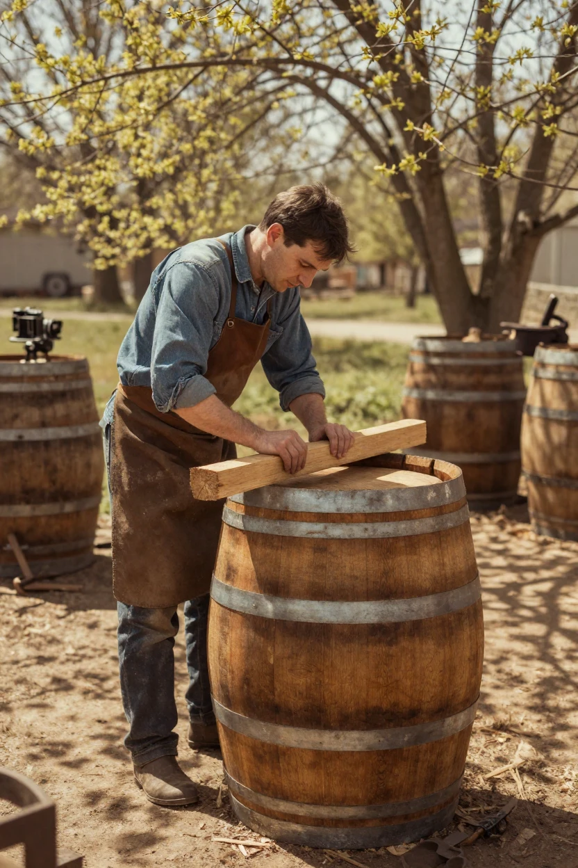 A cooper fitting wooden staves together to build a barrel, in dappled light filtering through leaves, as heat shimmers over the ground, in early spring, dominated by warm amber and rust tones, from a wide establishing view.