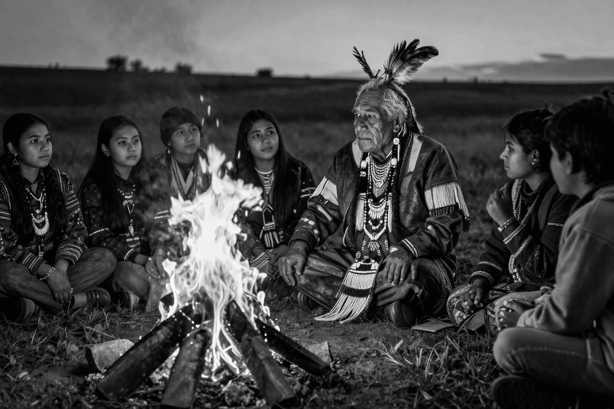 A tribal elder shares wisdom with the younger generation beside a sacred bonfire.