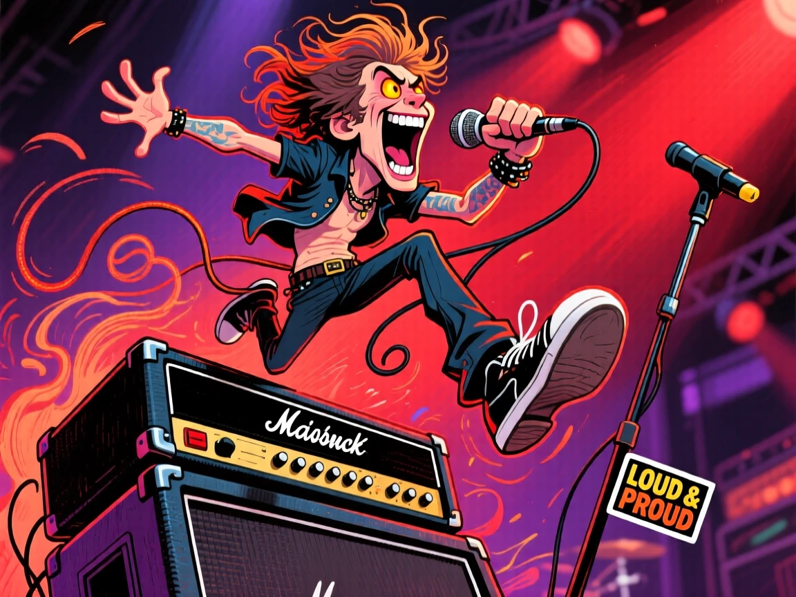 A rock band's lead singer leaping off an amp mid-performance, mic cord trailing.