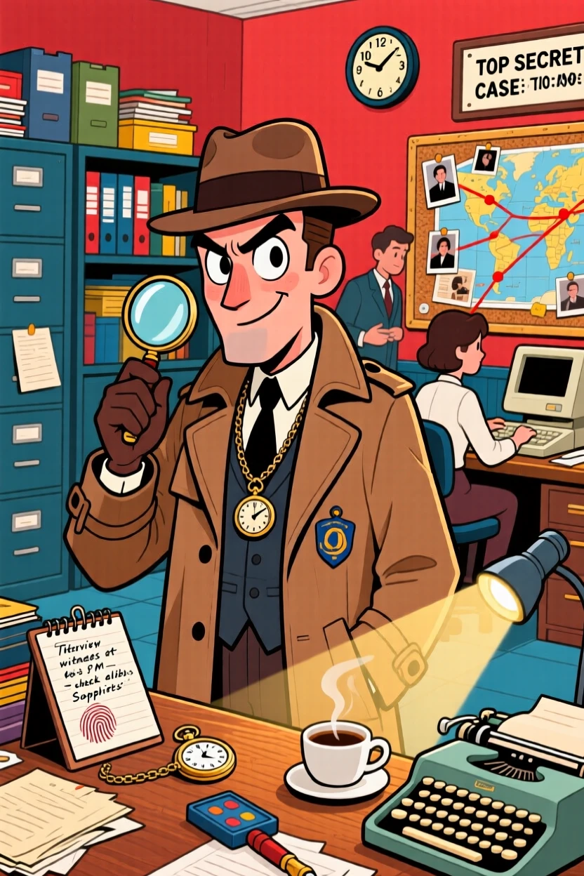 A vibrant profession-themed portrait of a sharp-eyed detective surrounded by the tools and gear of the trade, in a bustling and colorful workplace.