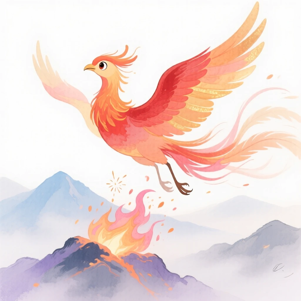 A phoenix rising from embers soaring above a misty mountain range