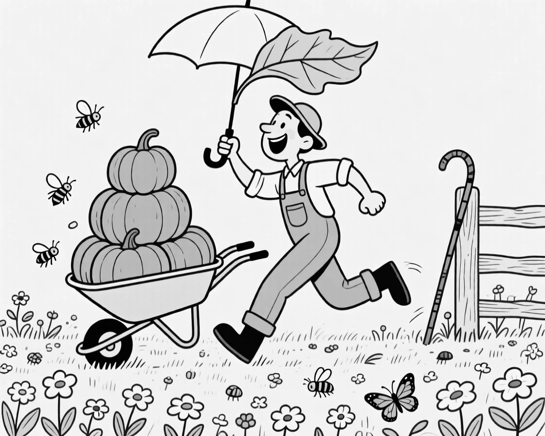 A gardener triumphantly wheelbarrowing a mountain of pumpkins, sprinting for cover under one flimsy leaf as an umbrella, set in a wildflower meadow buzzing with life. A lone shepherd's crook leans against a fence post. The scene celebrates nature's simple, joyful surprises.